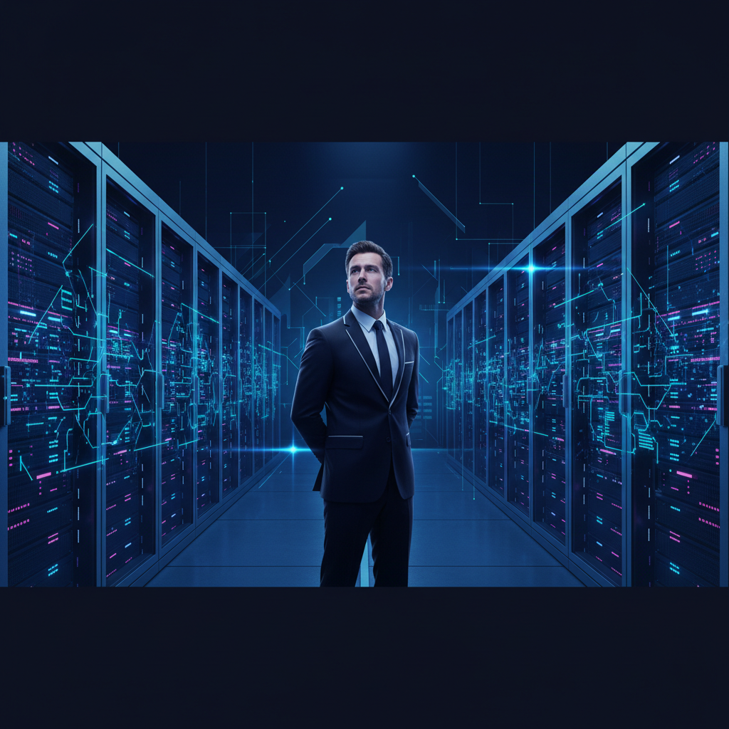 Executivo observando servidores em um data center, símbolo de infraestrutura para IA.