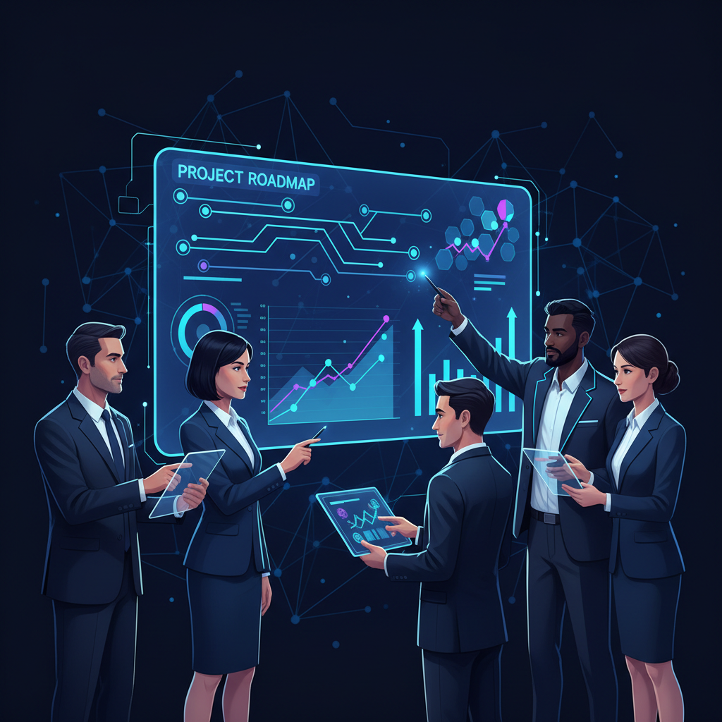 Equipe de líderes e cientistas de dados colaborando em um mapa de projeto de IA em tela touch.