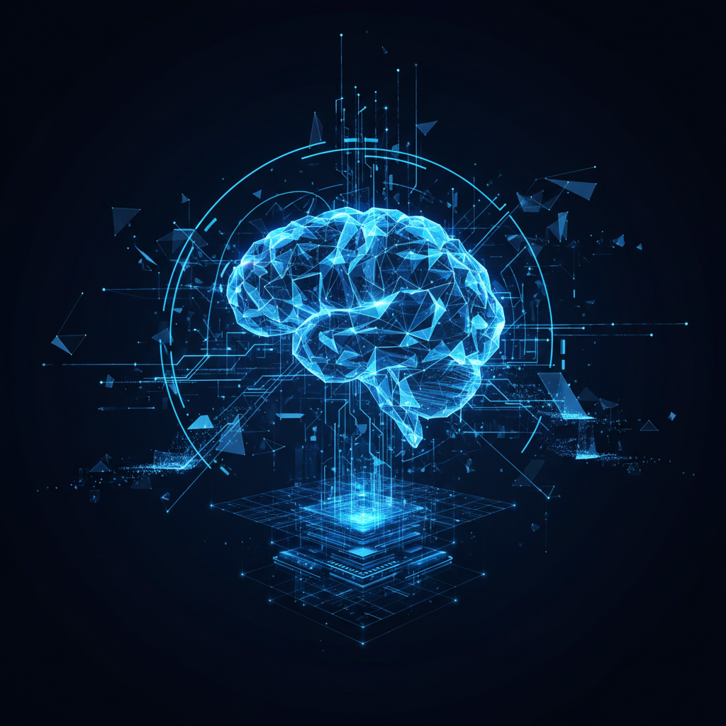 Representação abstrata de inteligência artificial avançada e processamento de dados complexo em azul neon.