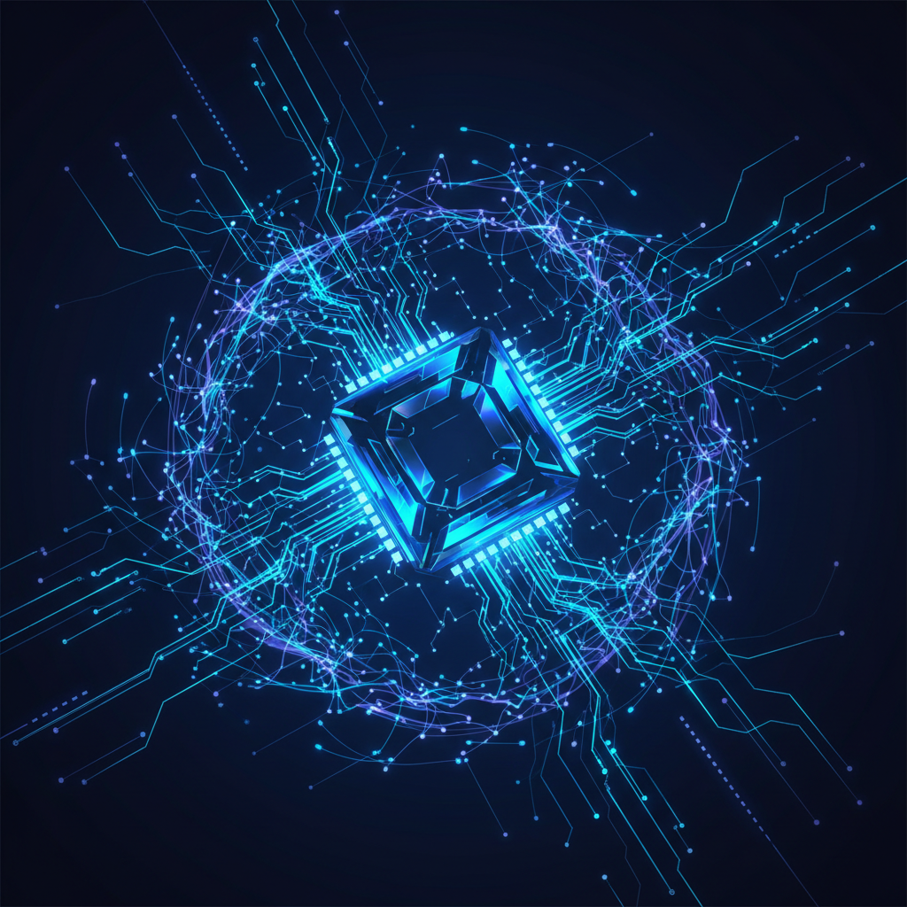 Chips de computador e interfaces neurais com luzes azuis e roxas.