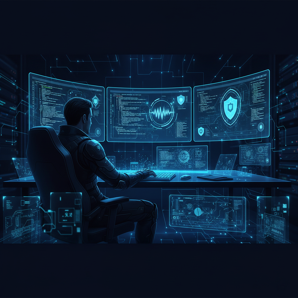 Especialista em cibersegurança monitorando dados em servidores seguros.
