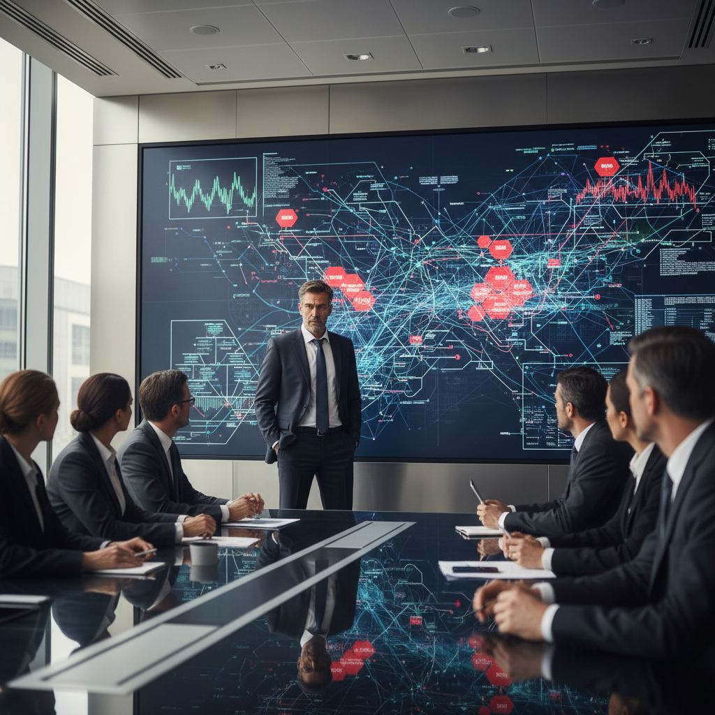 Executivo observando anomalias em um gráfico de dados complexo.