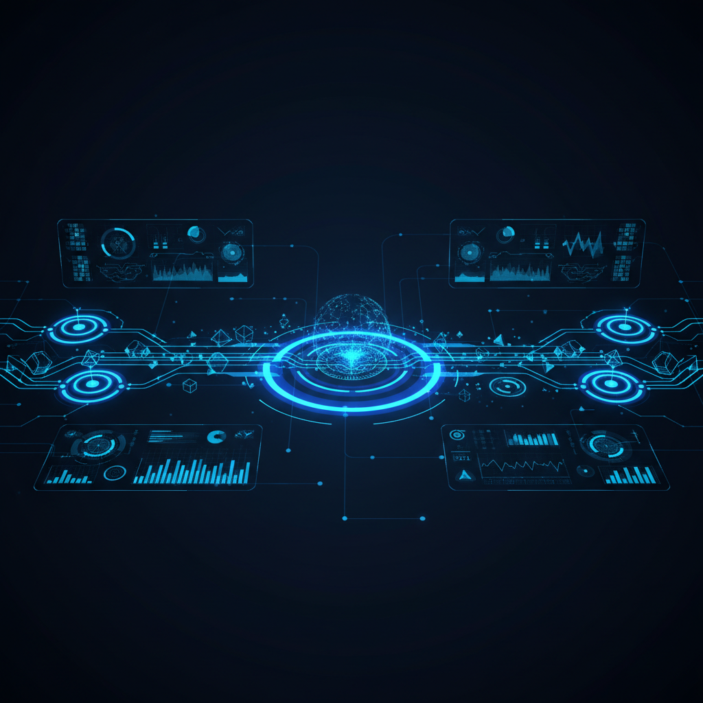 Fluxo de dados contínuo e painel de controle futurista, com informações e métricas em azul neon, sobre um fundo escuro e abst