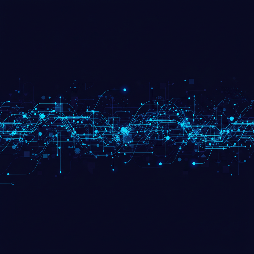 Diagrama abstrato de fluxo de dados, com nós e conexões brilhantes em azul neon, simbolizando um sistema de monitoramento mod