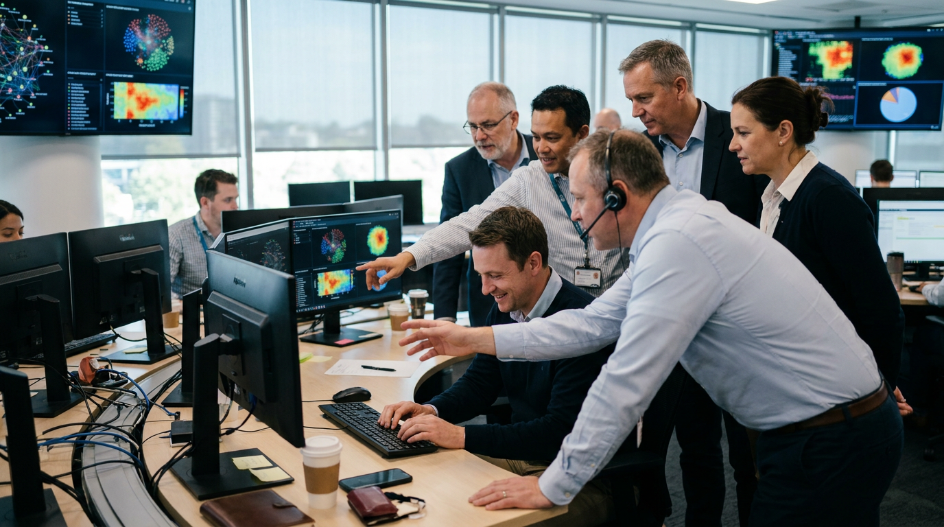Equipe em centro de operações de cibersegurança, colaborando com dados em telas.