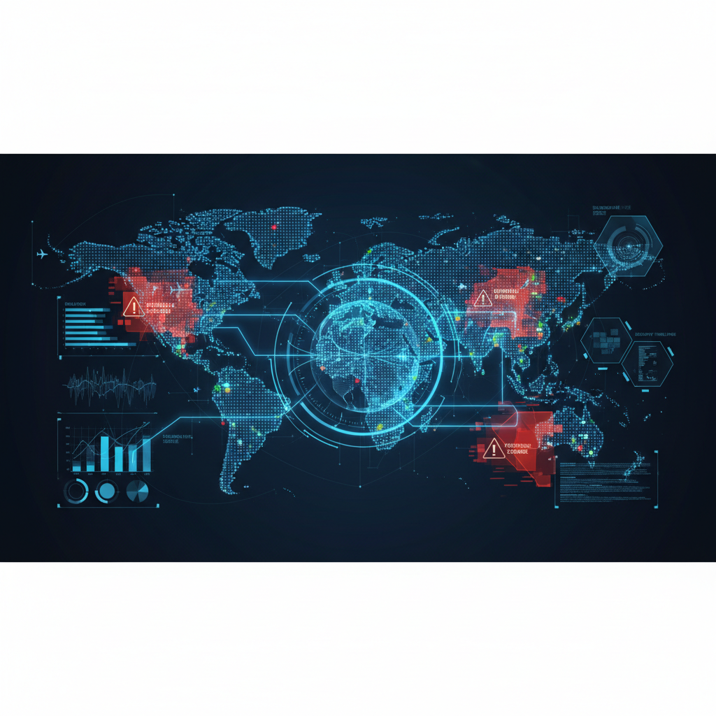 Um painel digital detalhado mostrando um mapa da cadeia de suprimentos global com rastreamento em tempo real de mercadorias e