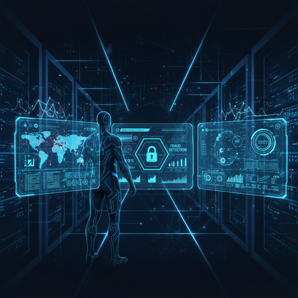 Um especialista em segurança cibernética monitorando telas com dados de inteligência e detecção de fraudes em um moderno cent