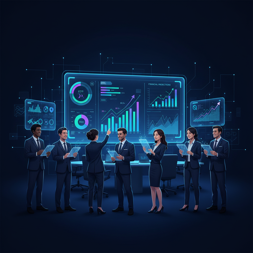 Equipe de negócios analisando um painel de KPIs e projeções financeiras em um escritório corporativo moderno.