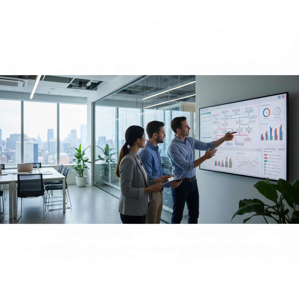 Cientistas de dados e analistas de negócios trabalhando com dashboards de qualidade de dados em um ambiente corporativo.