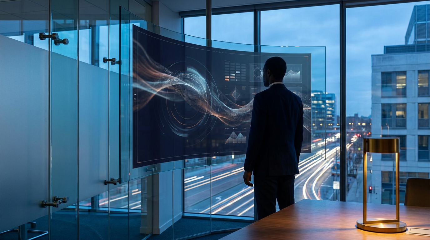 Executivo de negócios interage com um painel digital, representando a otimização de processos complexos por agentes de IA.