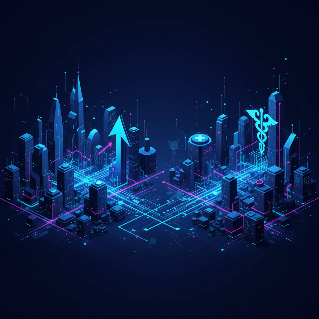Cidade futurista com fluxos de dados complexos, simbolizando as aplicações do RAG avançado em diferentes setores industriais.