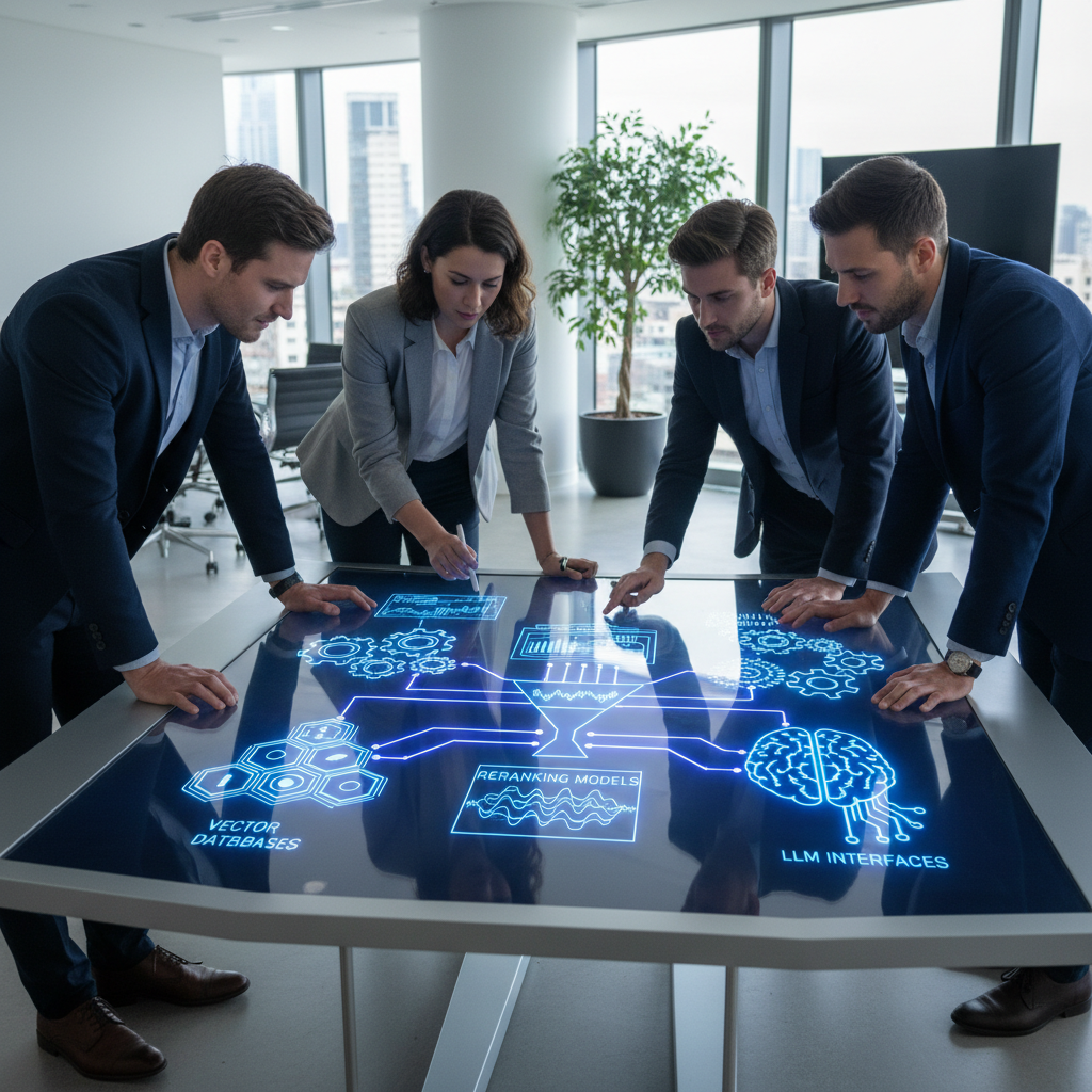 Diagrama arquitetônico detalhado de um sistema RAG avançado com múltiplas interações e componentes, ilustrando a complexidade