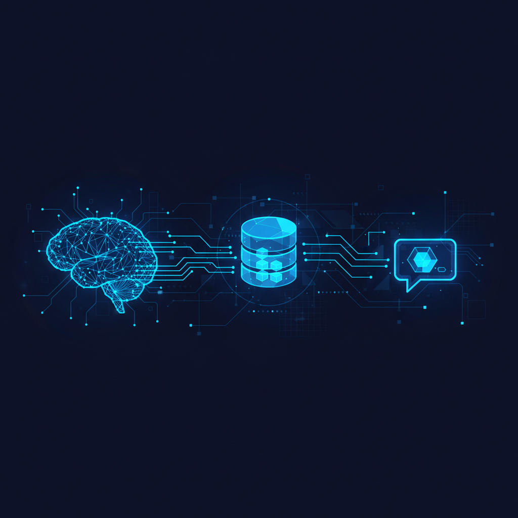 Fluxo de dados entre rede neural, banco de dados vetorial e interface de chatbot, ilustrando a arquitetura RAG.