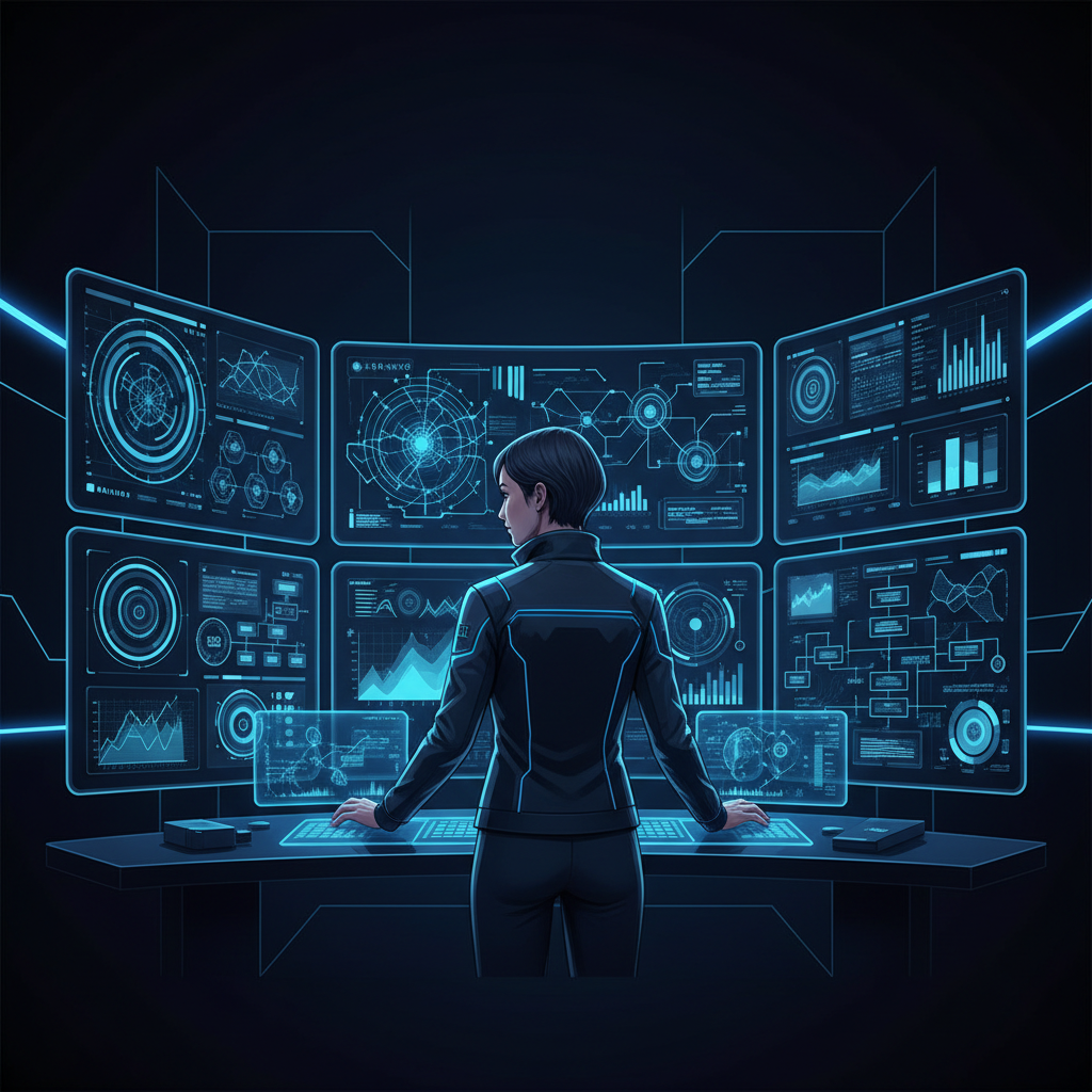 Cientista de dados analisando visualizações complexas em múltiplos monitores de uma sala de controle moderna, focando em anál