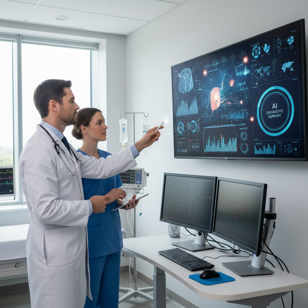 Médico e enfermeira analisando dados de pacientes em uma tela grande com análises e suporte de diagnóstico baseados em IA, em