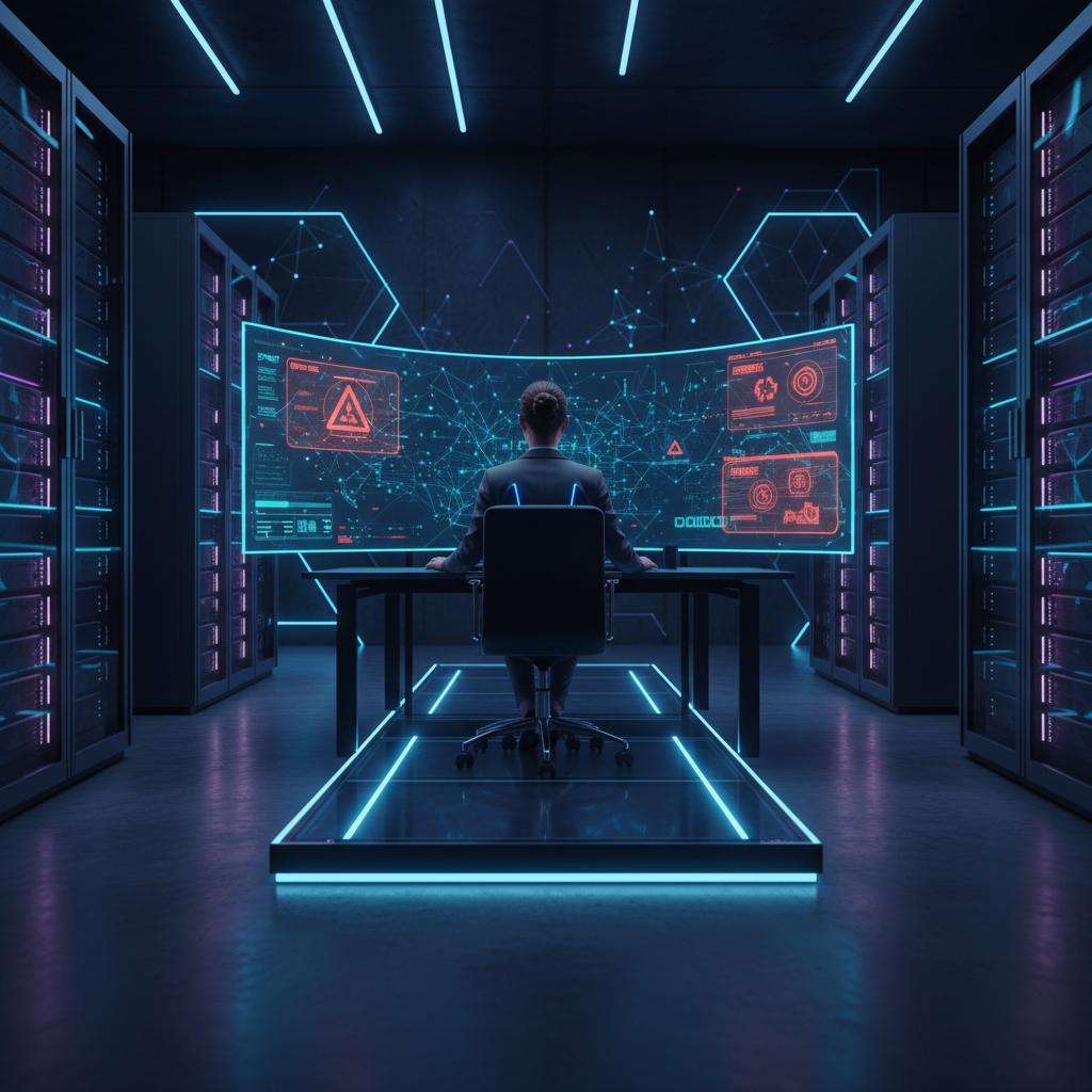 Profissional de segurança cibernética monitorando um painel de detecção de fraudes em um data center seguro, utilizando IA.