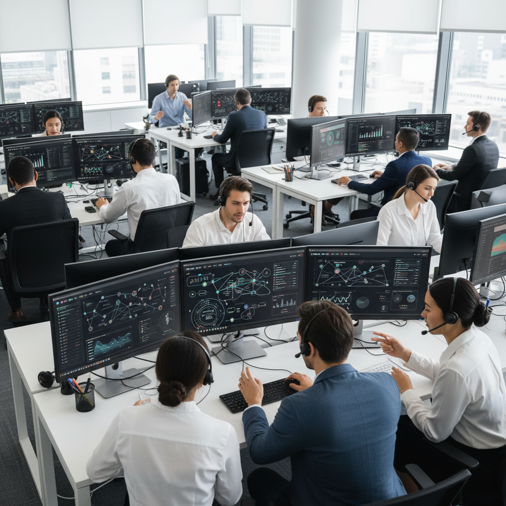 Agentes de atendimento ao cliente usando ferramentas de IA em um call center moderno, com dados e gráficos em telas.