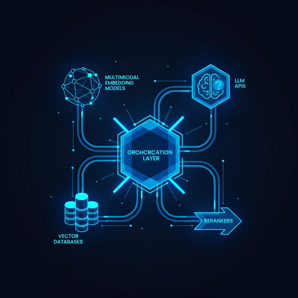 Diagrama arquitetônico de um sistema RAG multimodal, com serviços interconectados como bancos de dados vetoriais, APIs de LLM