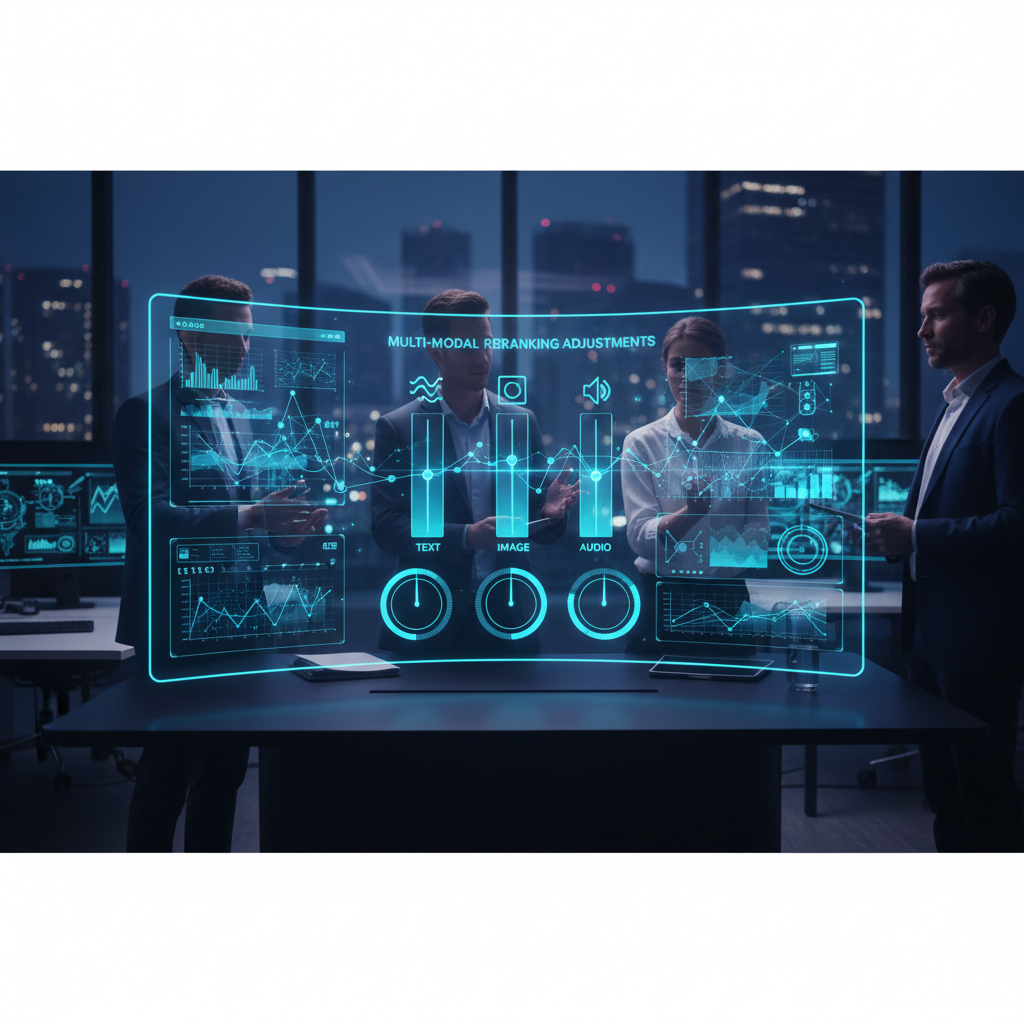 Interface de controle futurista exibindo ajustes de reranking multimodal, com controles para ponderar texto, imagem e áudio.