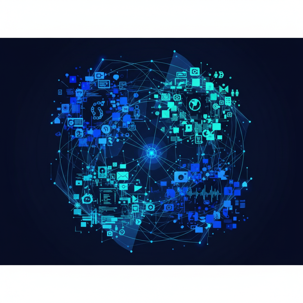 Ilustração de um espaço de embedding unificado, com pontos de dados multimodais (texto, imagem, áudio) agrupados semanticamen