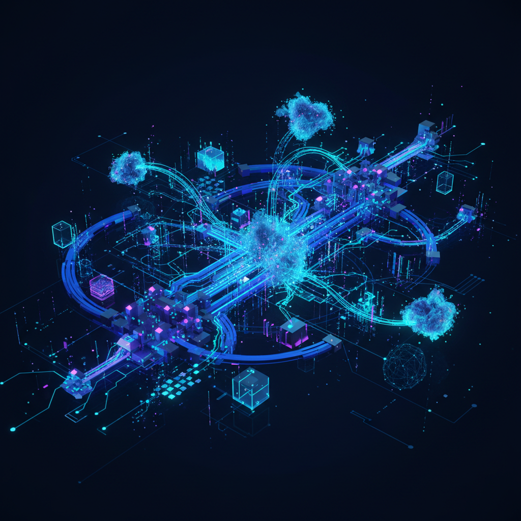Rede abstrata complexa ilustrando desafios de fluxo e armazenamento de dados em bancos de dados vetoriais multimodais.