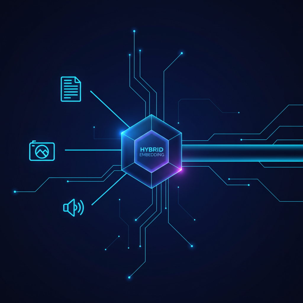 Diagrama de pipeline de dados com fluxo de informações multimodais convergindo para um módulo de embedding híbrido.