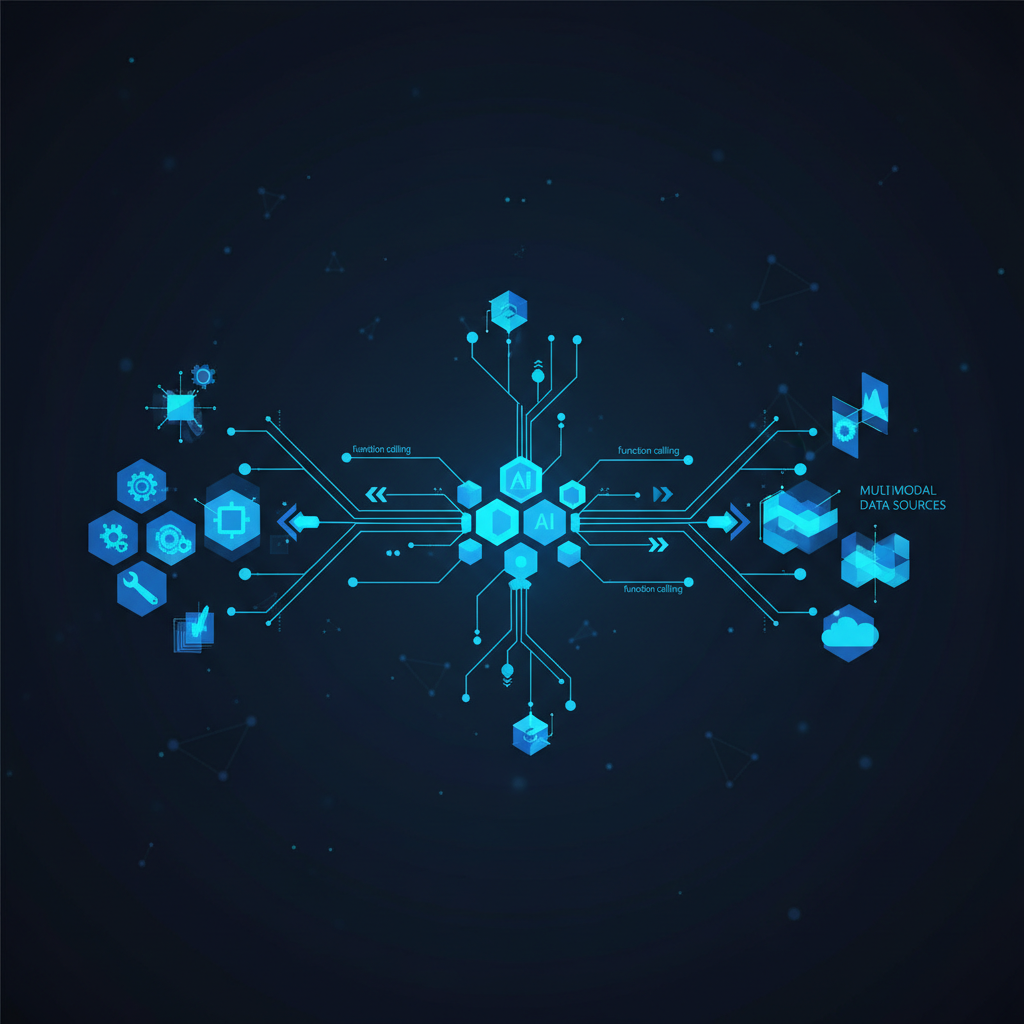 Diagrama abstrato de agentes de IA interagindo com ferramentas e fontes de dados multimodais via function calling, em estétic