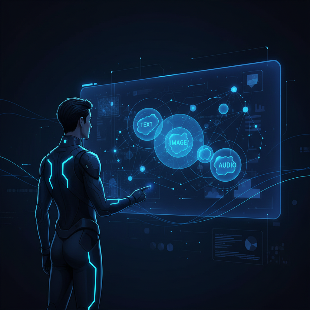 Uma pessoa observando uma tela que exibe um espaço latente unificado para embeddings multimodais, onde conceitos de texto, im